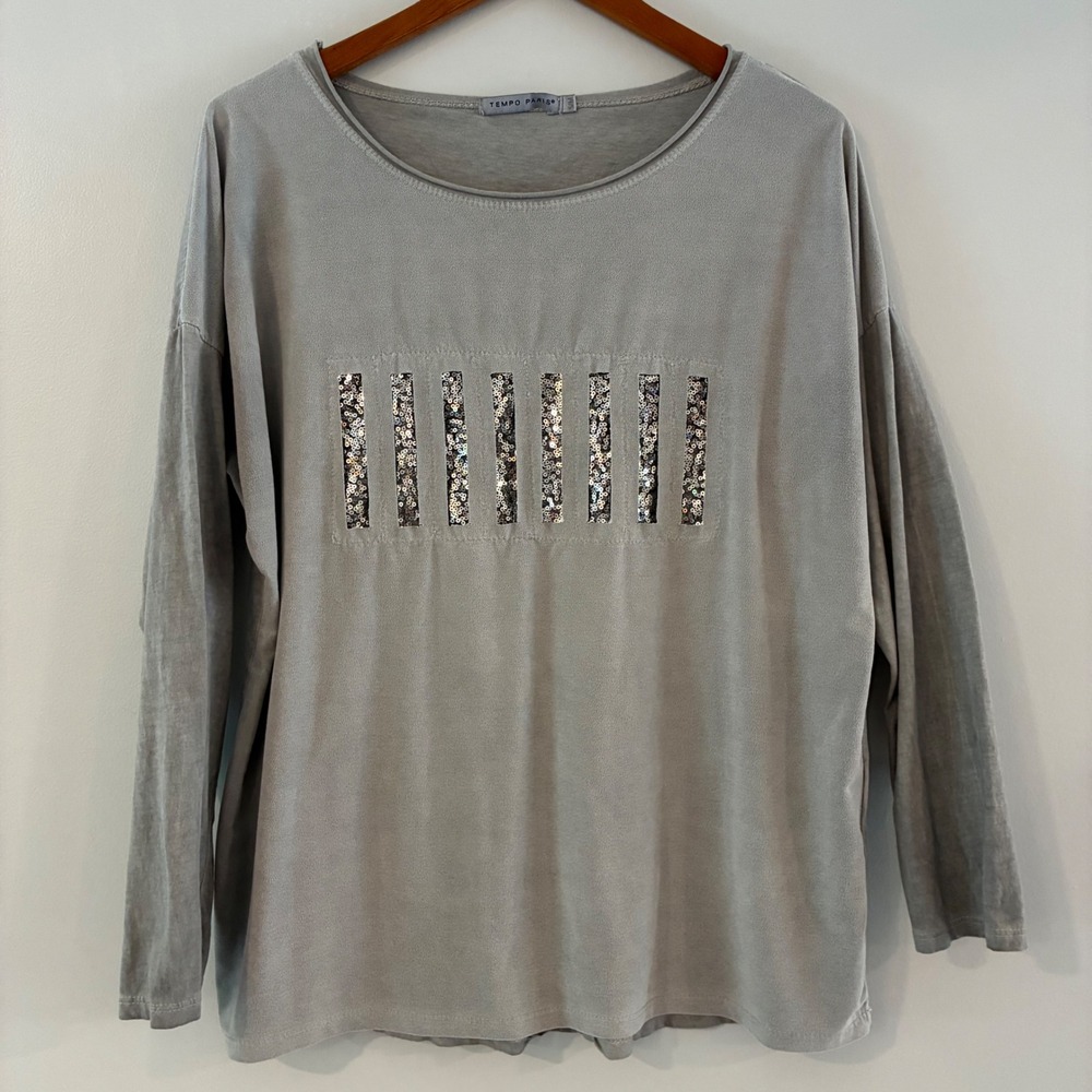 Tempo Paris Top Wom S/M Grey Sequin Relaxed Drop Shoulder Lagenlook Shabby Chic